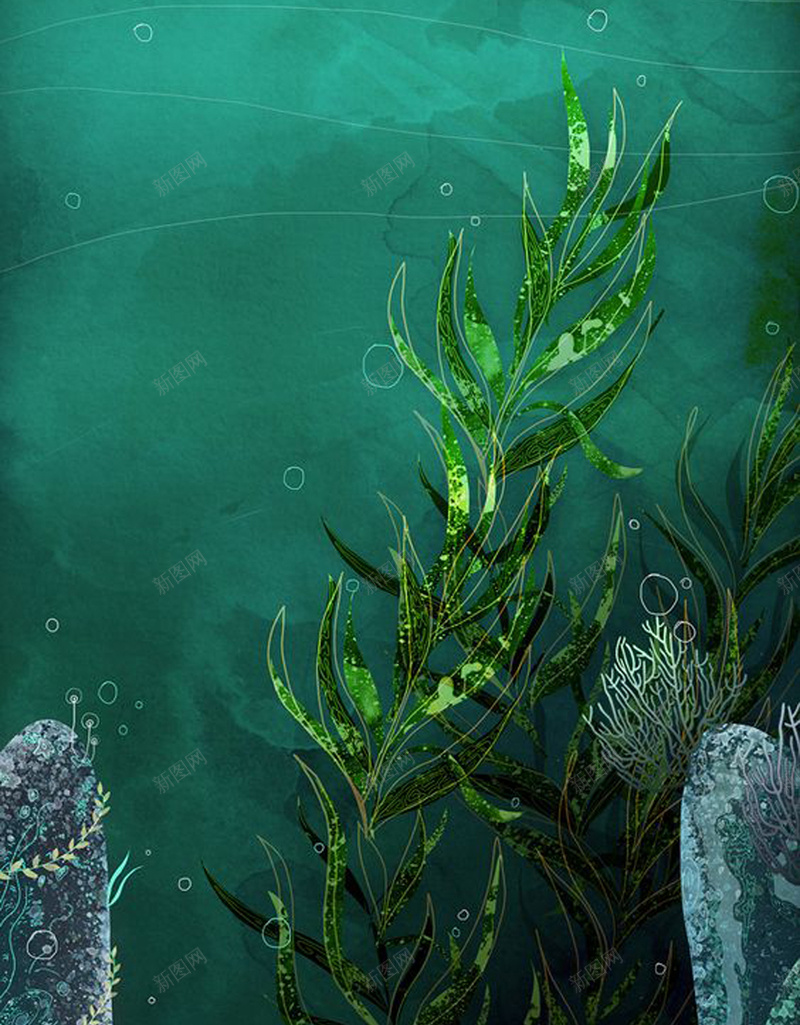 深海绿藻H5背景jpg设计背景_新图网 https://ixintu.com H5背景 手绘 文艺 深海 简约 素材 绿色 蓝色
