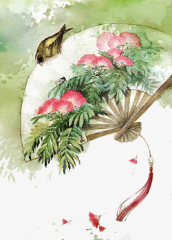 穗子手绘晕染扇子花鸟元素高清图片