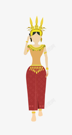 穿着比基尼的女人手绘穿着柬埔寨传统服饰的打电话的女人矢量图高清图片