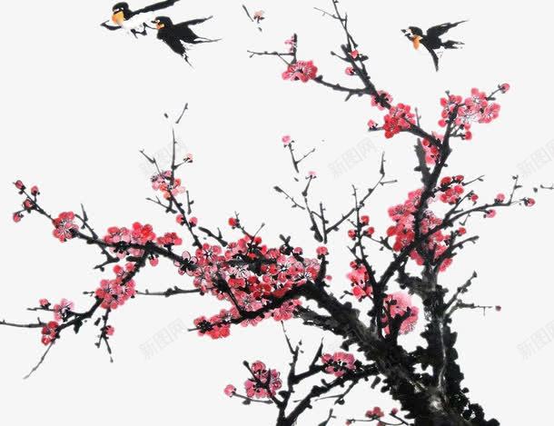 桃花树上的飞过的燕子png免抠素材_新图网 https://ixintu.com 手绘 树枝 桃花 燕子