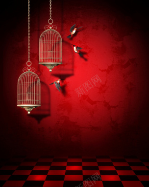 唯美复古红色鸟笼海报背景模板背景