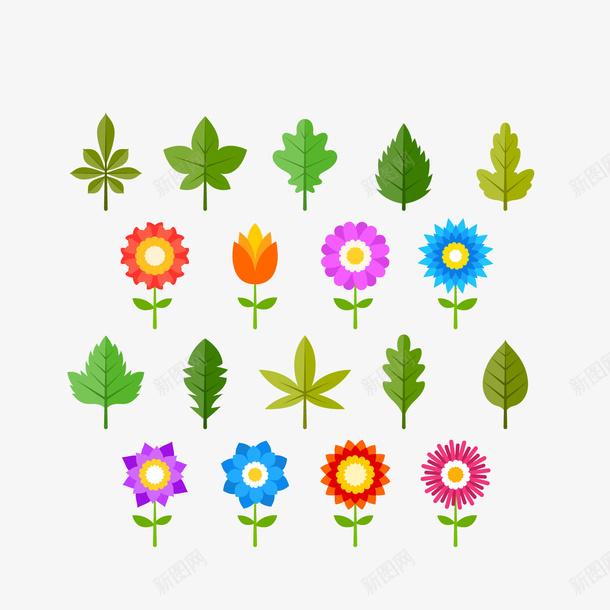 花朵和叶子矢量图ai免抠素材_新图网 https://ixintu.com 叶子 植物素材 绿色 花朵 矢量图