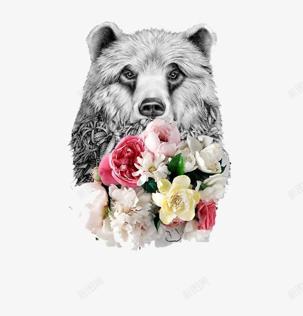 熊和鲜花png免抠素材_新图网 https://ixintu.com 白熊 粉红色 背景 花束 装饰