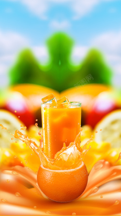 俯拍水果商务新鲜橙汁H5背景高清图片