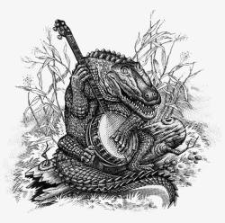 黑白鳄鱼弹琴插画素材