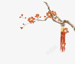 手绘红色花枝花瓣中国风素材