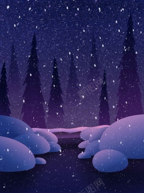 夜晚雪景蓝色手绘插画背景背景