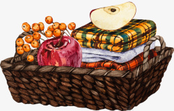 方格里的折线编织筐里的方格布和苹果高清图片