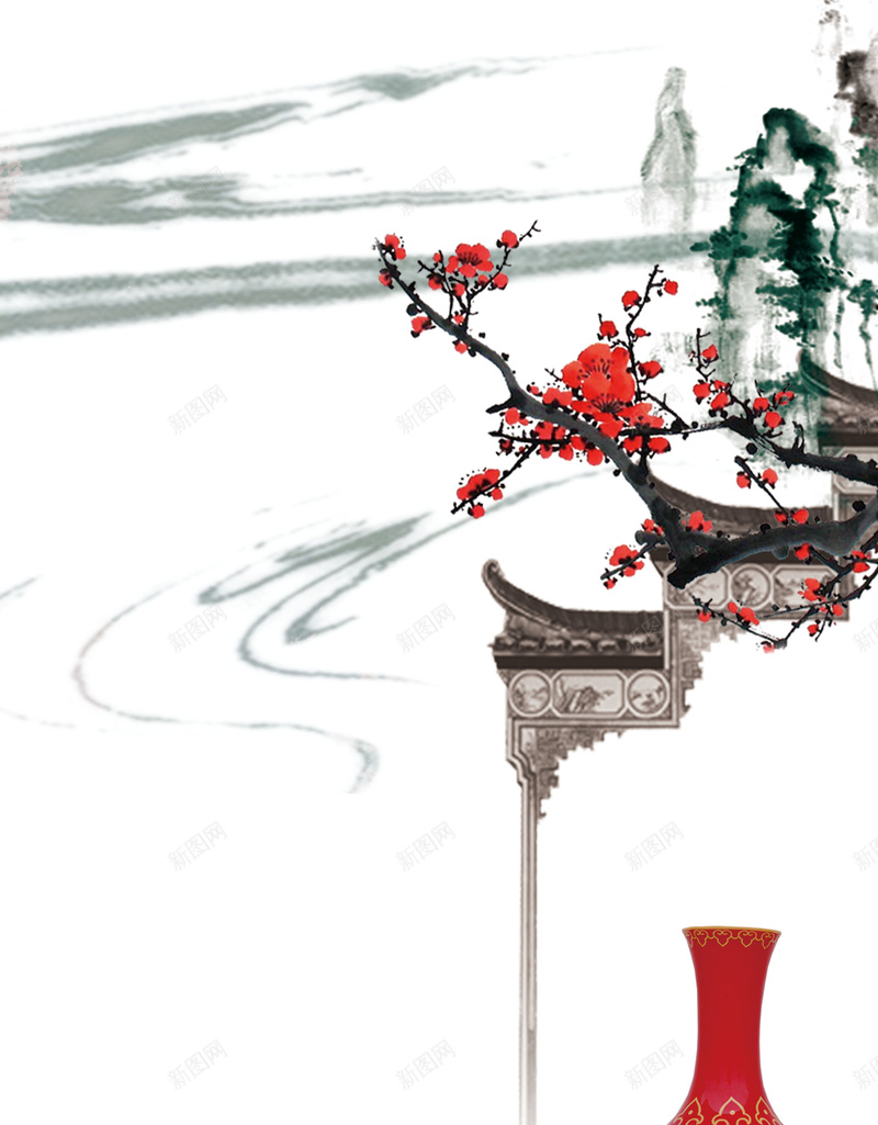 传统中国风背景psd设计背景_新图网 https://ixintu.com 传统 历史 山水 文化 水墨 简约 红色 背景海报 花朵 花瓶