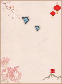 大红牡丹花中国风飞舞在灯笼下的蝴蝶背景素材高清图片