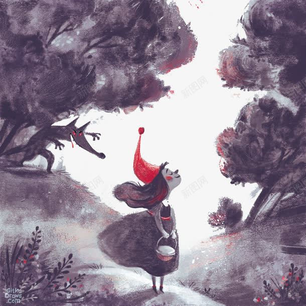 走在山路的小女孩png免抠素材_新图网 https://ixintu.com 拿着饭盒的女孩 灰色的树林 红色帽子的女孩