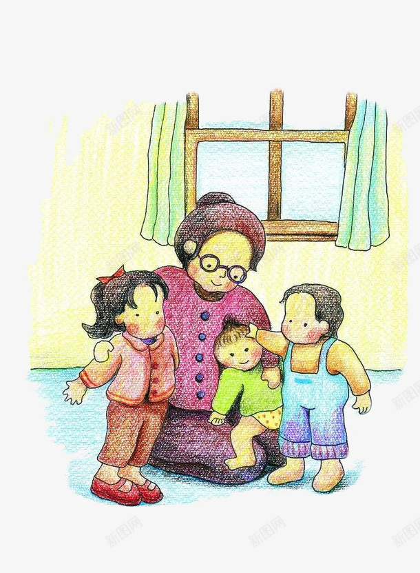 奶奶与孙子png免抠素材_新图网 https://ixintu.com 儿童蜡笔画 卡通手绘 奶奶和孙子 家人 教育 眼镜 蜡笔画质