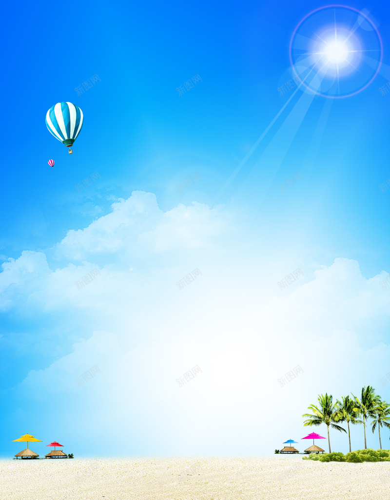 夏日海边沙滩背景psd设计背景_新图网 https://ixintu.com 夏日沙滩 夏日海边沙滩 大海 沙滩 热气球 白云 蓝天