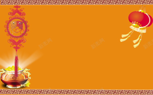 橙色中国风中国结灯笼聚宝盆中国边框背景图背景