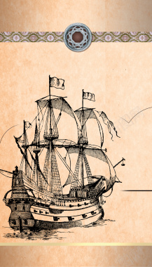 复古典雅手绘帆船明信片背景素材背景