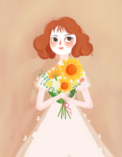 可爱板栗子手捧鲜花穿婚纱的少女高清图片
