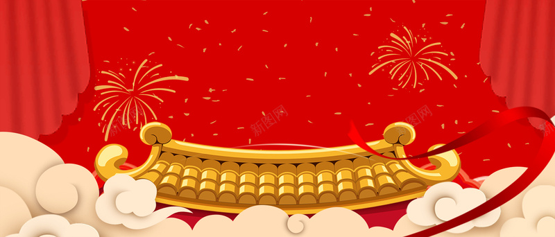 新年快乐烟花中国风红色banner背景