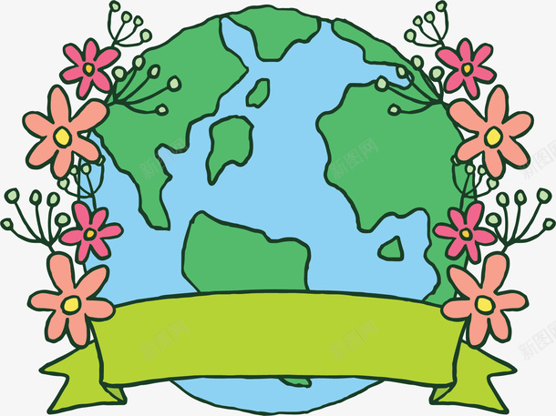 粉色花朵绿色地球矢量图ai免抠素材_新图网 https://ixintu.com 卡通地球 地球 地球日 矢量png 粉色花朵 矢量图