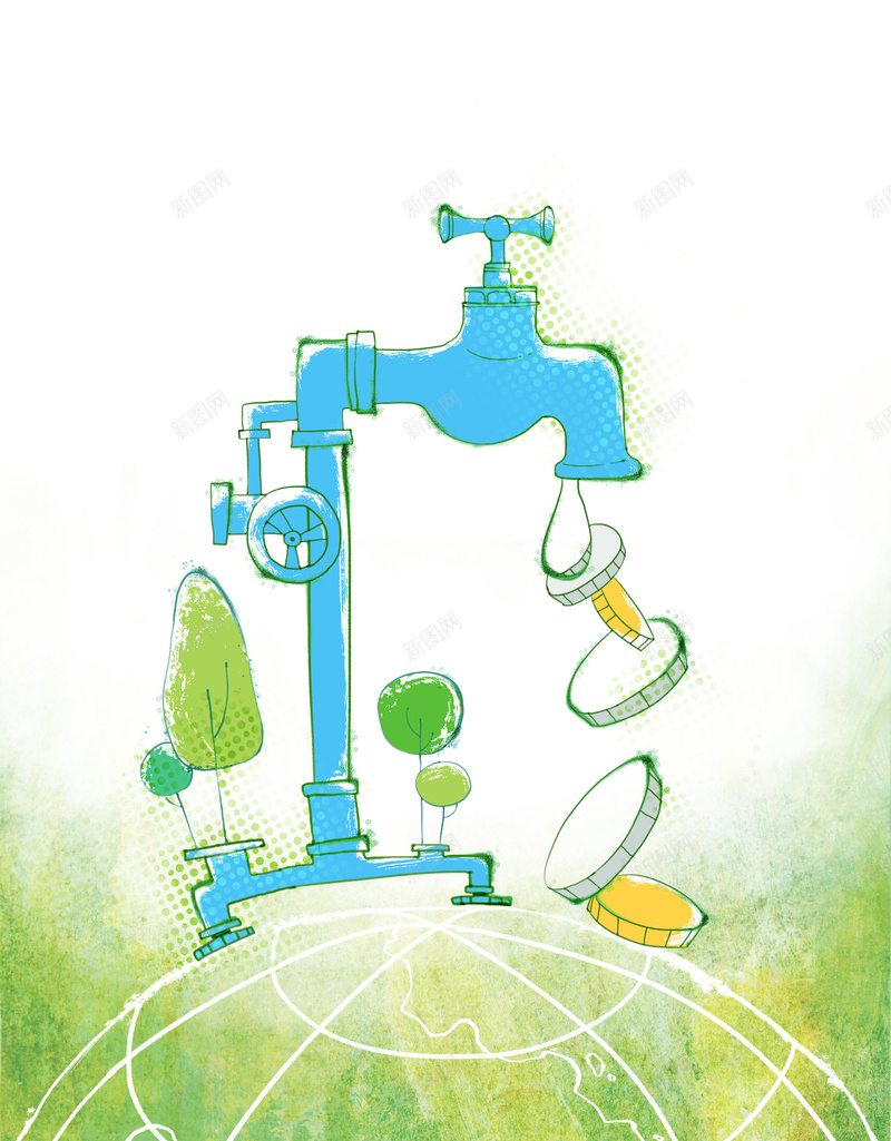 手绘节约用水水彩印刷背景psd设计背景_新图网 https://ixintu.com 卡通 印刷背景 手绘 水彩 水龙头 省水 童趣 节约用水