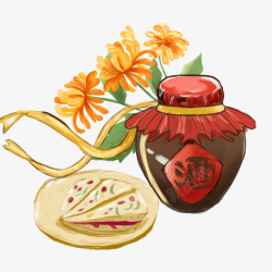 手绘菊花酒坛食物元素图素材