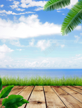 蓝天白云椰树木板草地背景素材背景
