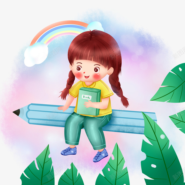 开学季坐在铅笔上飞行的女孩psd免抠素材_新图网 https://ixintu.com 坐在铅笔上 开学季 插画元素 飞行的女孩