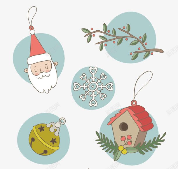 圣诞png免抠素材_新图网 https://ixintu.com 圣诞老人头像 房屋 树枝 装饰小球 雪花