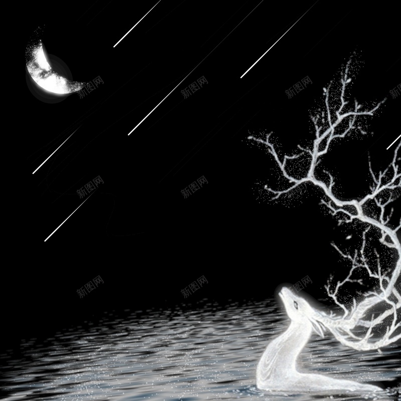 月夜白鹿戏水元素底图jpg设计背景_新图网 https://ixintu.com 底图 月亮 背景 鹿 黑夜