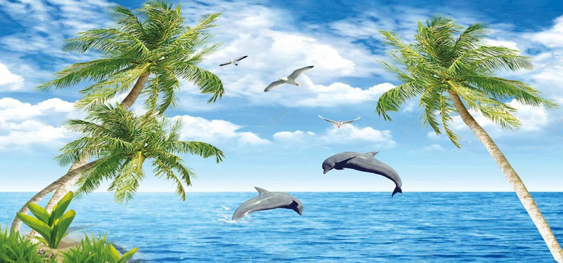 海景图jpg设计背景_新图网 https://ixintu.com 蓝天 白云 天空 海豚 海鸥 椰树 绿绿 植物 海水 海报banner 摄影 风景