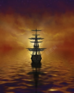 朦胧天空背景黄昏海面船只背景图高清图片