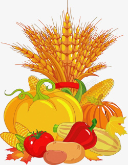 彩绘秋季叶子秋天成熟丰收的蔬菜瓜果粮食高清图片