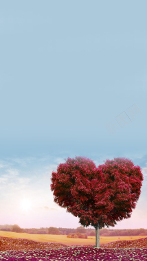 蓝色天空红色爱心树H5背景背景