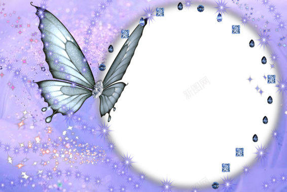 蝴蝶钻石点缀淡蓝色椭圆镜框背景
