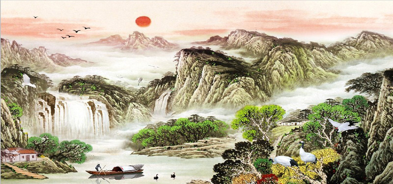 山水风景jpg设计背景_新图网 https://ixintu.com 中国风 水墨画 山水 画 风景画 落日 仙鹤 鸟 瀑布 天鹅 山峰 小屋 树林 小船 人 湖 海报banner