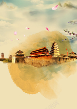 中国风旅游建筑海报背景素材背景
