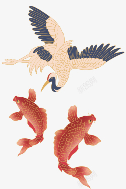 缠绕的两条鱼国潮丹顶鹤鲤鱼高清图片