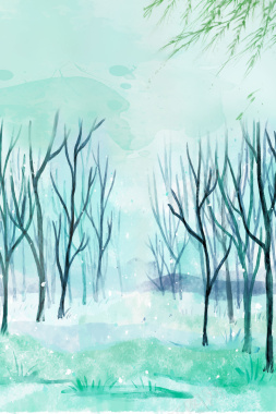 蓝色手绘春季立春树林背景背景