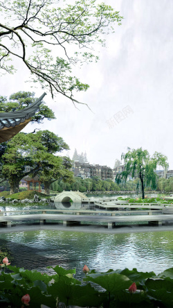园林风格中国风建筑H5背景高清图片