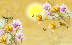中式电视背景墙中国风花卉背景素材高清图片