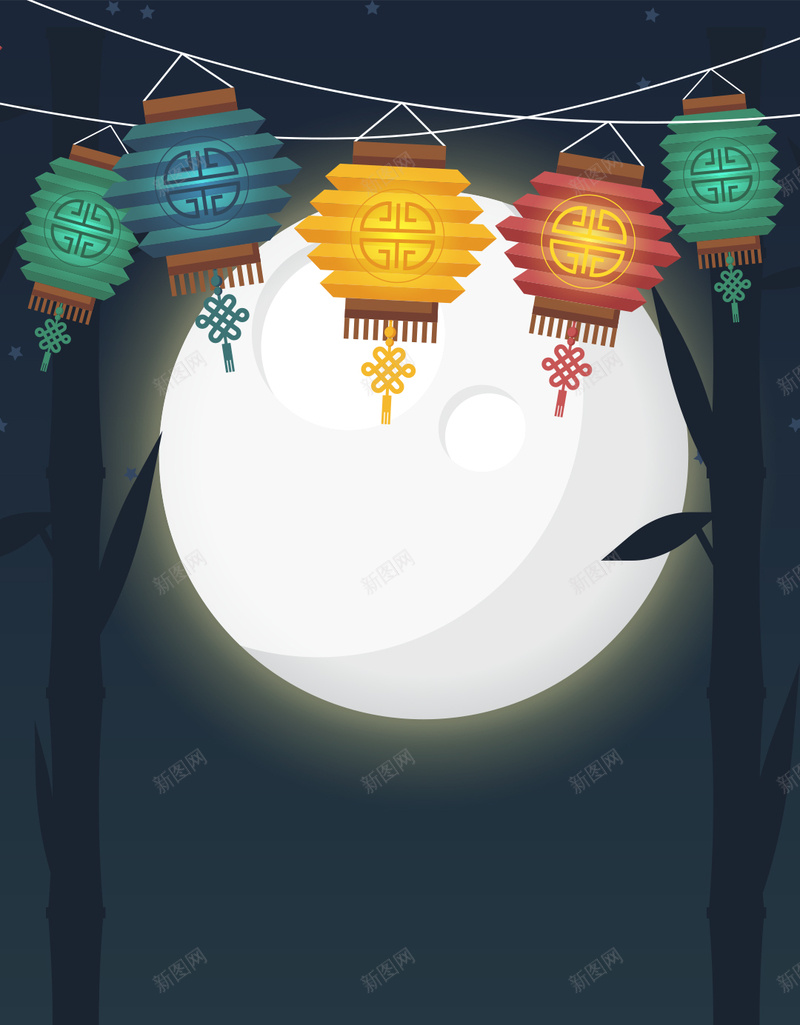 深绿色夜景月亮灯笼psd设计背景_新图网 https://ixintu.com 深绿色 中秋 佳节 灯笼 玉兔 月饼 传统节日 月亮 扁平 夜景