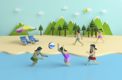 蓝色沙滩排球夏日清新海边旅游卡通背景高清图片