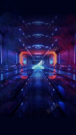 蓝红对比霓虹科技机械隧道高清图片