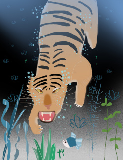 捕食的老虎插画老虎水下捕食高清图片