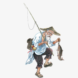 钓鱼回来的老翁国潮手绘钓鱼老翁高清图片