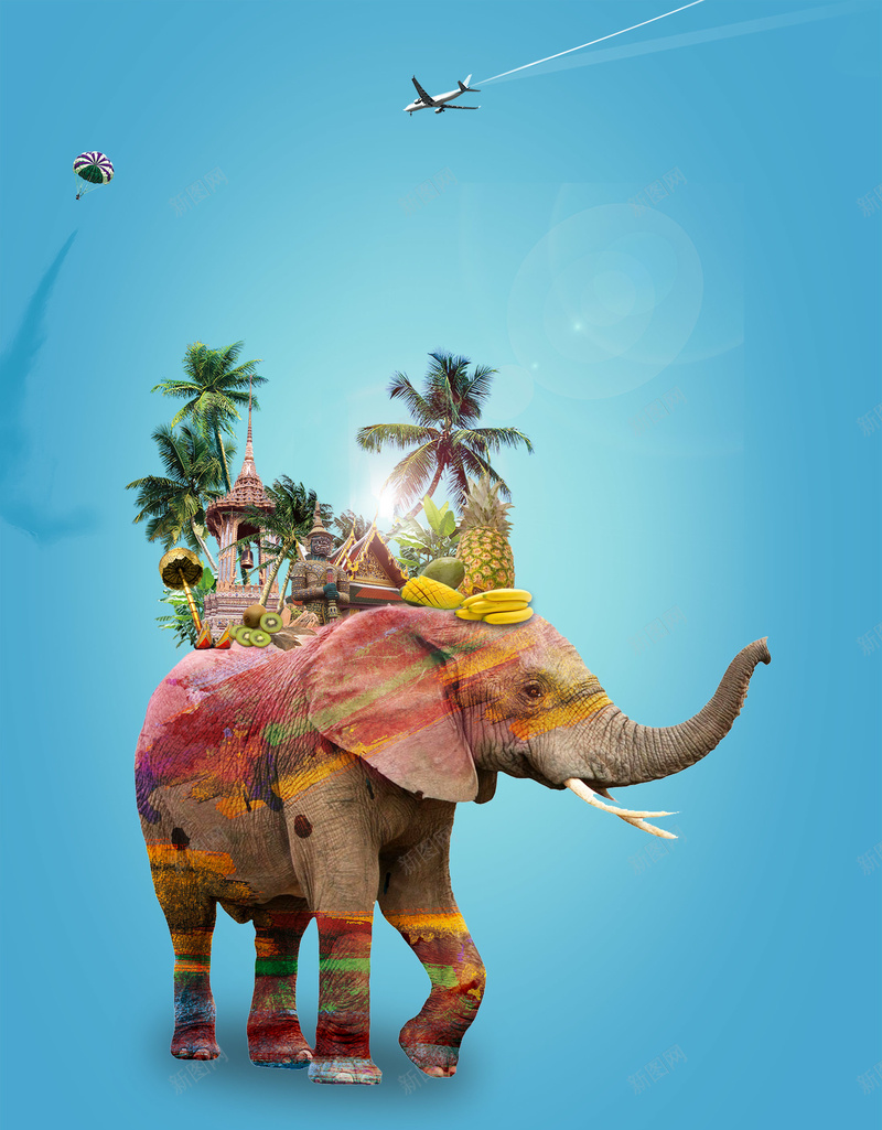蓝色创意大象广告旅行泰国背景psd设计背景_新图网 https://ixintu.com 创意 大象 广告 旅行 泰国 素材 背景 蓝色