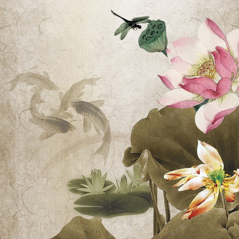 水墨画jpg设计背景_新图网 https://ixintu.com 荷花 鱼 蜻蜓 主图 中国风