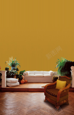 家居木质地板木藤椅海报背景背景