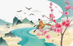 花枝与鸟国潮手绘花枝元素图高清图片