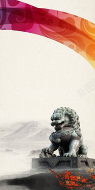 中国风水墨石狮背景元素海报背景