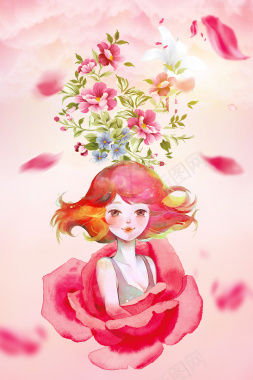 粉色手绘少女美丽女生节海报背景背景